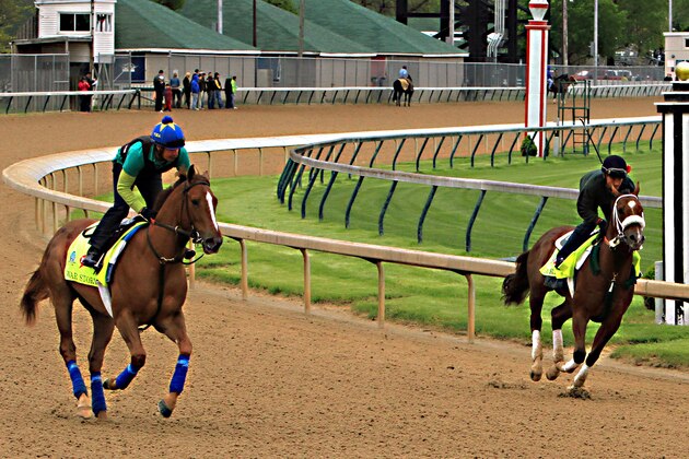 Kentucky Derby hopefuls War Story, left, ridden by exercise rider Dylan Davis and Mr. Z, far right, ridden by exercise rider Edvin Vargas, gallop in a morning workout at Churchill Downs in Louisville, Ky., Sunday, April 26, 2015.  (AP Photo/Garry Jones)