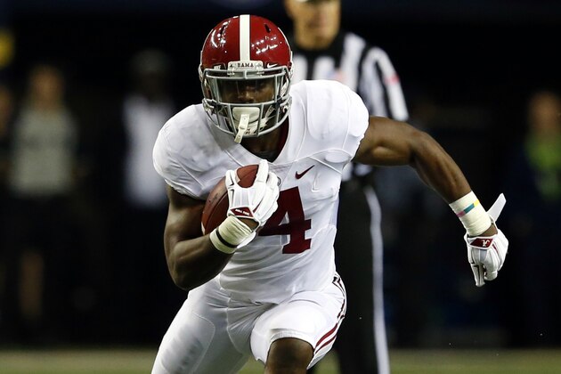 Alabama running back T.J. Yeldon (4) carries the ball during the first half of an NCAA college football game against Missouri Saturday, Dec. 6, 2014, in Atlanta, Ga. (AP Photo/Butch Dill)