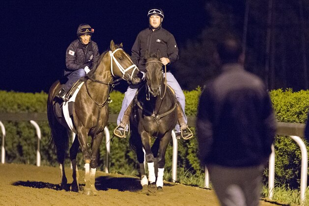 Kentucky Derby contender Carpe Diem and jockey John Velazquez, left, are led off the track by assistant trainer Tristan Barry after Carpe Diem's workout covering four furlongs in :48 3/5 at Keeneland in Lexington, Ky., Saturday, April 25, 2015. The 141st Kentucky Derby will be run on Saturday, May 2, 2015 at Churchill Downs. (AP Photo/David Stephenson)