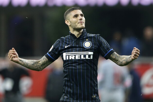 Inter Milan's Mauro Icardi celebrates after winning the Serie A soccer match between Inter Milan and Roma at the San Siro stadium in Milan, Italy, Saturday, April 25, 2015. (AP Photo/Antonio Calanni)
