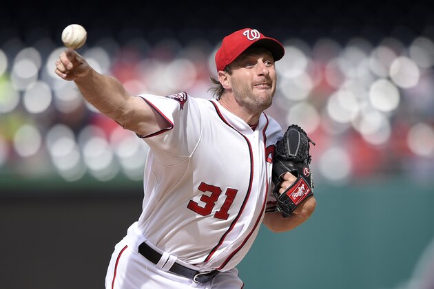 Washington Nationals starting pitcher Max Scherzer delivers a pitch against the St. Louis Cardinals during the first inning of a baseball game, Thursday, April 23, 2015, in Washington. (AP Photo/Nick Wass)
