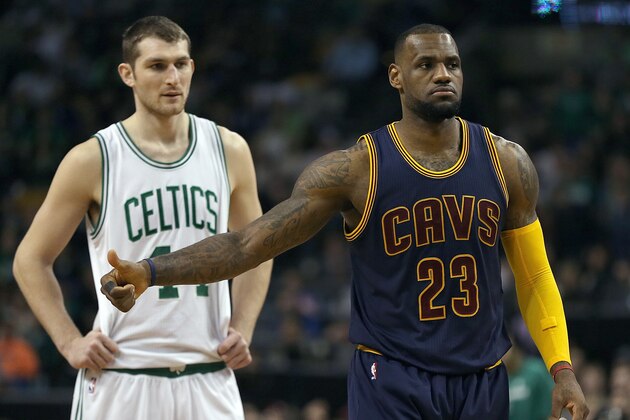 BOSTON, MA - APRIL 26: LeBron James #23 of the Cleveland Cavaliers reacts in the second half against the Boston Celtics in Game Four during the first round of the 2015 NBA Playoffs on April 26, 2015 at TD Garden in Boston, Massachusetts. (Photo by Jim Rogash/Getty Images)