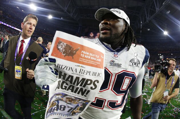 GLENDALE, AZ - FEBRUARY 01: LeGarrette Blount #29 of the New England Patriots celebrates after defeating the Seattle Seahawks in Super Bowl XLIX at University of Phoenix Stadium on February 1, 2015 in Glendale, Arizona. The Patriots defeated the Seahawks 28-24. (Photo by Tom Pennington/Getty Images) GLENDALE, AZ - FEBRUARY 01: LeGarrette Blount #29 of the New England Patriots celebrates after defeating the Seattle Seahawks in Super Bowl XLIX at University of Phoenix Stadium on February 1, 2015 in Glendale, Arizona. The Patriots defeated the Seahawks 28-24. (Photo by Tom Pennington/Getty Images)