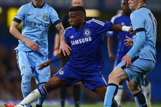 LONDON, ENGLAND - APRIL 27:  Chary Musonda of Chelsea is tackled by  Brandon Barker of  Manchester City during the FA Youth Cup Fina, Second Leg match between Chelsea and Manchester City at Stamford Bridge on April 27, 2015 in London, England.  (Photo by Ian Walton/Getty Images)