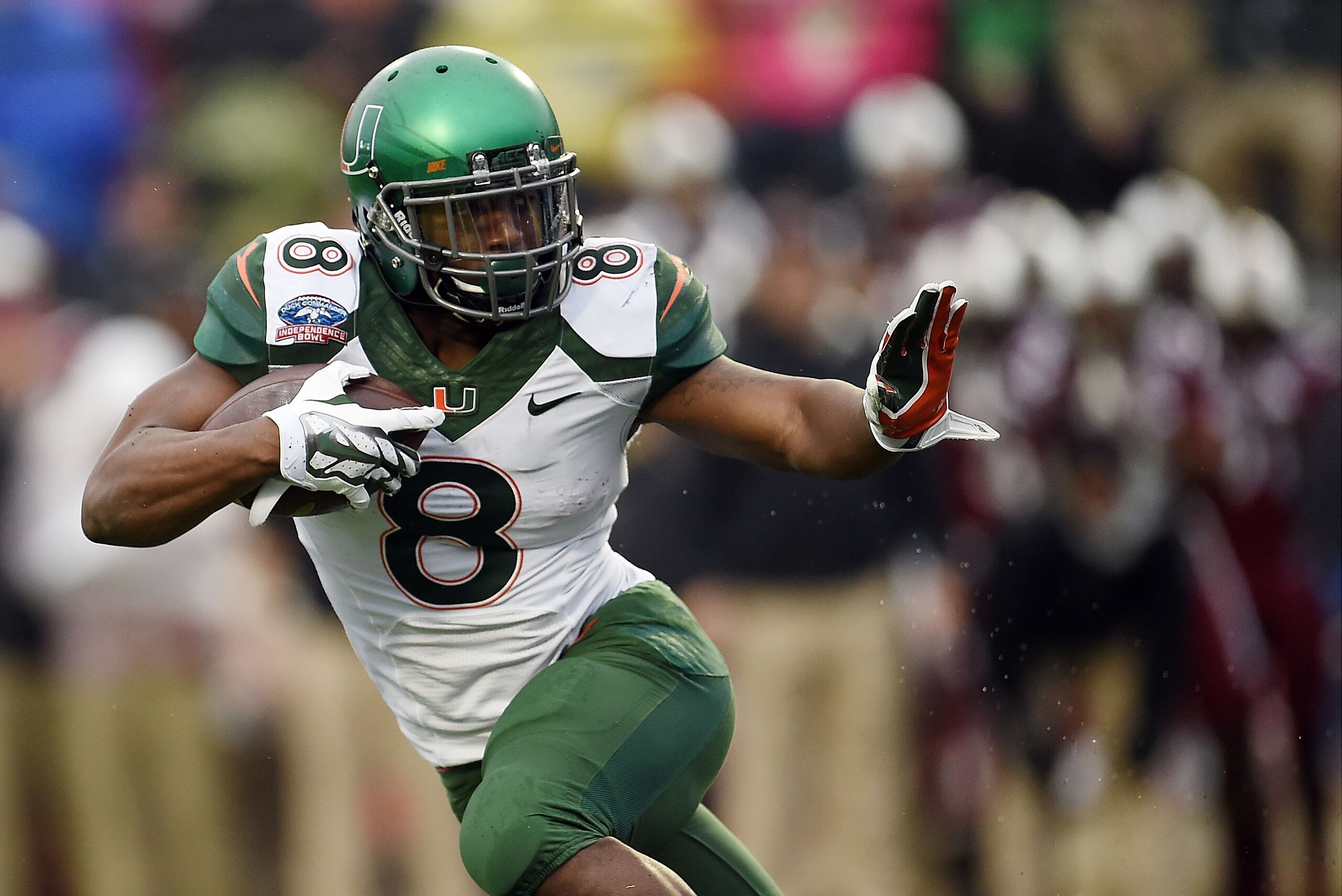 SHREVEPORT, LA - DECEMBER 27: Duke Johnson #8 of the Miami Hurricanes runs for yards against the South Carolina Gamecocks during the first quarter of the Duck Commander Independence Bowl at Independence Stadium on December 27, 2014 in Shreveport, Louisiana. (Photo by Stacy Revere/Getty Images) SHREVEPORT, LA - DECEMBER 27: Duke Johnson #8 of the Miami Hurricanes runs for yards against the South Carolina Gamecocks during the first quarter of the Duck Commander Independence Bowl at Independence Stadium on December 27, 2014 in Shreveport, Louisiana. (Photo by Stacy Revere/Getty Images)