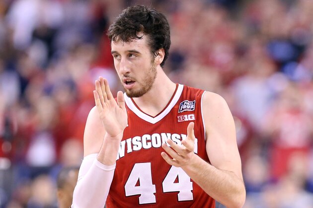 INDIANAPOLIS, IN - APRIL 06:  Frank Kaminsky #44 of the Wisconsin Badgers reacts after a play in the first half against the Duke Blue Devils during the NCAA Men's Final Four National Championship at Lucas Oil Stadium on April 6, 2015 in Indianapolis, Indiana.  (Photo by Streeter Lecka/Getty Images)