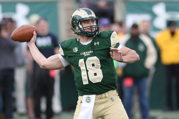 Colorado State quarterback Garrett Grayson throws against New Mexico in the third quarter of Colorado State's 58-20 victory in an NCAA football game in Fort Collins, Colo., on Saturday, Nov. 22, 2014. (AP Photo/David Zalubowski)