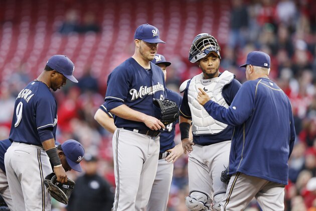 CINCINNATI, OH - APRIL 27: Jimmy Nelson #52 of the Milwaukee Brewers listens to pitching coach Rick Kranitz in the second inning of the game against the Cincinnati Reds at Great American Ball Park on April 27, 2015 in Cincinnati, Ohio. (Photo by Joe Robbins/Getty Images)