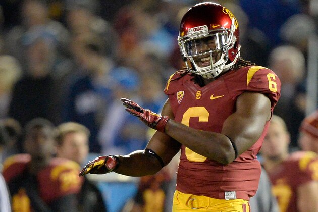 PASADENA, CA - NOVEMBER 22:  Josh Shaw #6 of the USC Trojans reacts during a 38-14 loss to the UCLA Bruins at the Rose Bowl on November 22, 2014 in Pasadena, California.  (Photo by Harry How/Getty Images)
