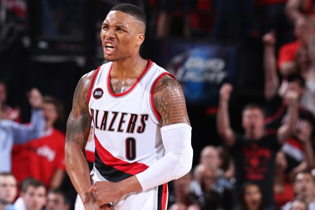 PORTLAND, OR - APRIL 27: Damian Lillard #0 of the Portland Trail Blazers during the game against the Memphis Grizzlies in Game Four of the Western Conference Quarterfinals during the 2015 NBA Playoffs on April 27, 2015 at the Moda Center in Portland, Oregon. NOTE TO USER: User expressly acknowledges and agrees that, by downloading and or using this photograph, User is consenting to the terms and conditions of the Getty Images License Agreement. Mandatory Copyright Notice: Copyright 2015 NBAE (Photo by Sam Forencich/NBAE via Getty Images)