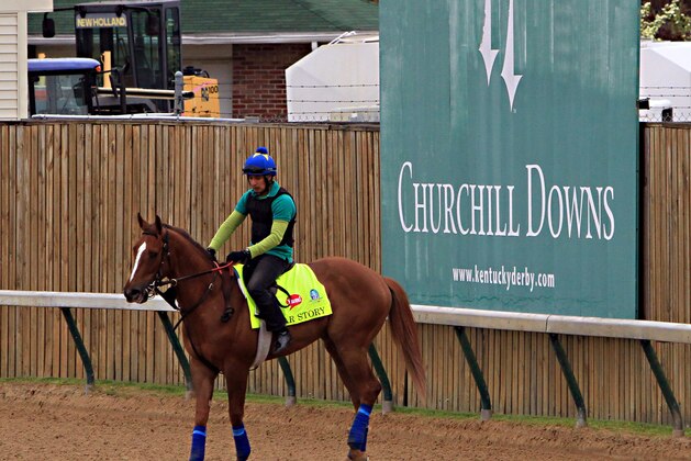Kentucky Derby hopeful War Story with exercise rider Dylan Davis in the saddle, heads back to the barn after a morning workout at Churchill Downs in Louisville, Ky., Sunday, April 26, 2015.  (AP Photo/Garry Jones)