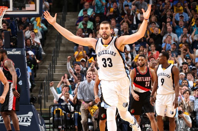MEMPHIS, TN - APRIL 22:  Marc Gasol #33 of the Memphis Grizzlies celebrate duing the game against the Portland Trail Blazers in Game Two of the Western Conference Quarterfinals during the 2015 NBA Playoffs on April 22, 2015 at FedExForum in Memphis, Tennessee. NOTE TO USER: User expressly acknowledges and agrees that, by downloading and or using this photograph, User is consenting to the terms and conditions of the Getty Images License Agreement. Mandatory Copyright Notice: Copyright 2015 NBAE (Photo by Joe Murphy/NBAE via Getty Images)