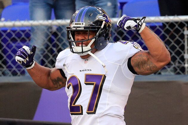 BALTIMORE, MD - AUGUST 07:  Running back Ray Rice #27 of the Baltimore Ravens is introduced before an NFL pre-season game against the San Francisco 49ers at M&T Bank Stadium on August 7, 2014 in Baltimore, Maryland.  (Photo by Rob Carr/Getty Images)