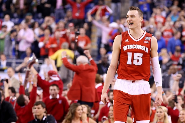 INDIANAPOLIS, IN - APRIL 04:  Sam Dekker #15 of the Wisconsin Badgers reacts late in the game against the Kentucky Wildcats during the NCAA Men's Final Four Semifinal at Lucas Oil Stadium on April 4, 2015 in Indianapolis, Indiana.  (Photo by Andy Lyons/Getty Images)