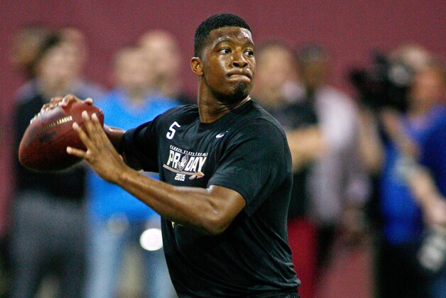 Mar 31, 2015; Tallahassee, FL, USA; Florida State Seminoles quarterback Jameis Winston throws during FSU Football Pro Day at the Albert J. Dunlap Athletic Training Facility. Mandatory Credit: Phil Sears-USA TODAY Sports