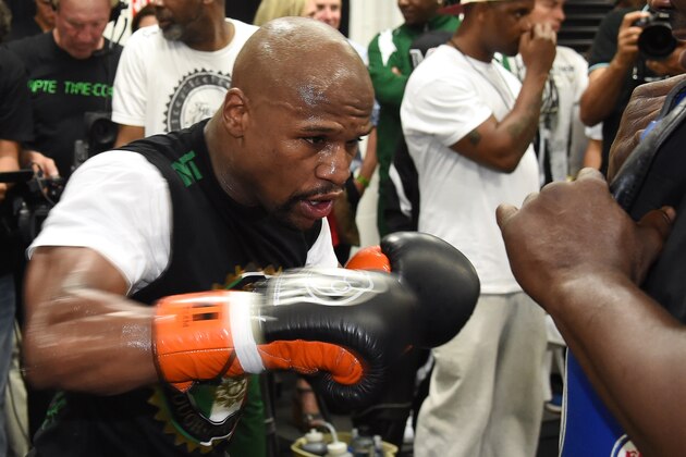 LAS VEGAS, NV - APRIL 14:  WBC/WBA welterweight champion Floyd Mayweather Jr. works out at the Mayweather Boxing Club on April 14, 2015 in Las Vegas, Nevada. Mayweather will face WBO welterweight champion Manny Pacquiao in a unification bout on May 2, 2015 in Las Vegas.  (Photo by Ethan Miller/Getty Images)