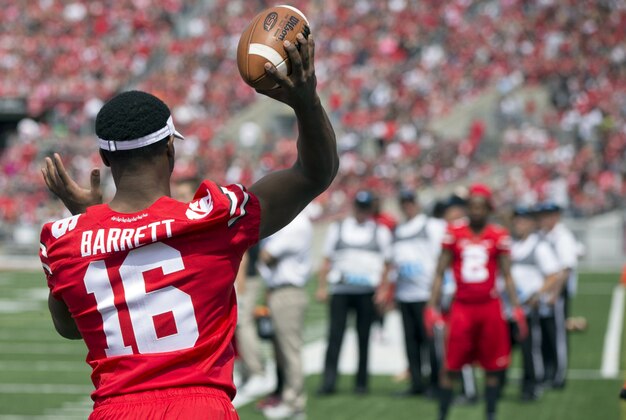 Apr 18, 2015; Columbus, OH, USA; Ohio State Buckeyes quarterback J.T. Barrett (16) warms up before the Ohio Spring Game at Ohio Stadium. Mandatory Credit: Greg Bartram-USA TODAY Sports
