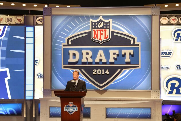 NFL Commissioner Roger Goodell is seen on stage at the 2014 NFL Draft at Radio City on Thursday, May 8th, 2014 in New York, NY.  (AP Photo/Gregory Payan)