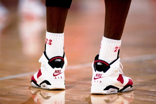 CHICAGO - 1992:  A close up view of the shoes worn by Michael Jordan #23 of the Chicago Bulls during a game played circa 1992 at Chicago Stadium in Chicago, Illinois.  NOTE TO USER: User expressly acknowledges and agrees that, by downloading and/or using this Photograph, user is consenting to the terms and conditions of the Getty Images License Agreement.  Mandatory Copyright Notice:  Copyright 1992 NBAE  (Photo by Nathaniel S. Butler/NBAE via Getty Images)