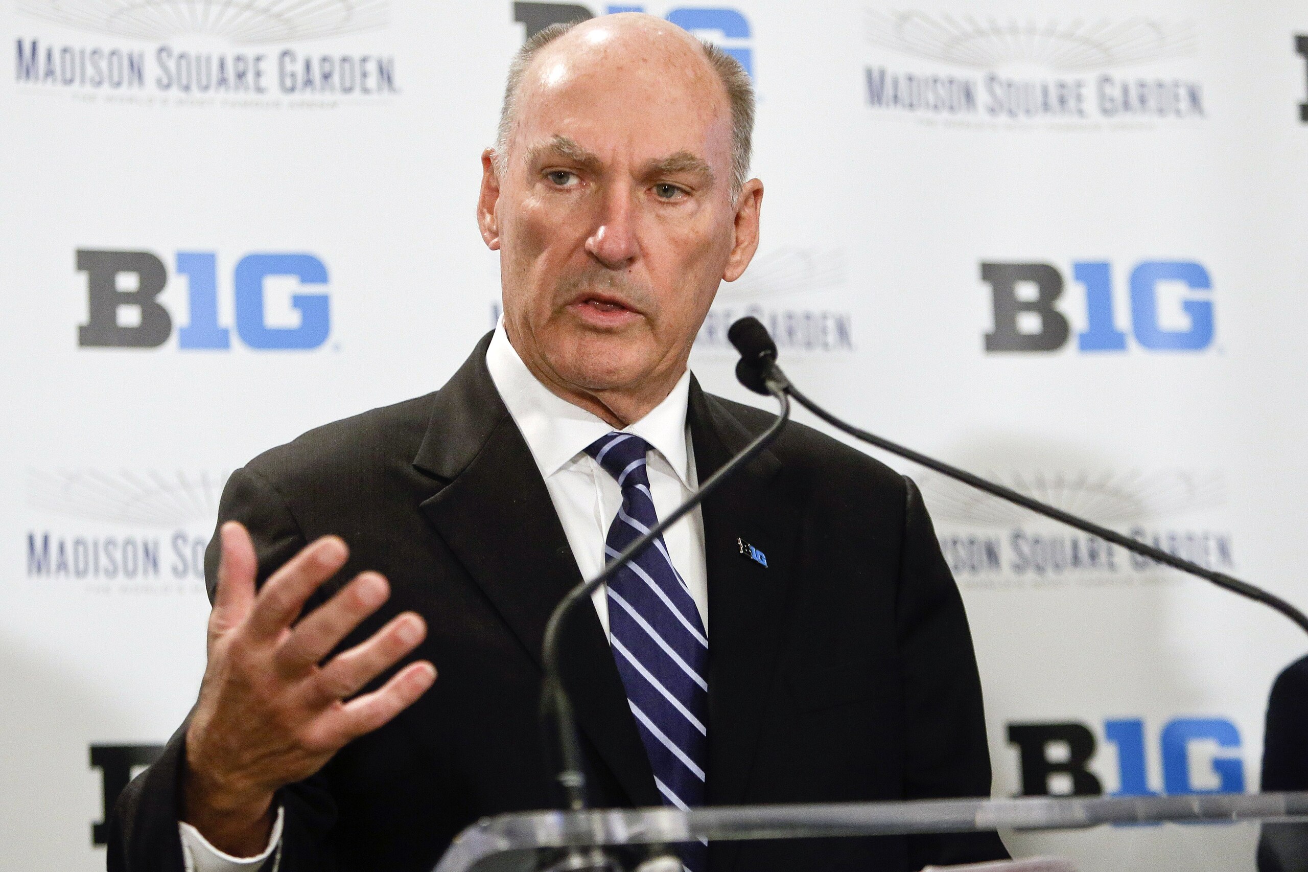 Jim Delany, Commissioner of the Big Ten Conference speaks during a news conference to announce a partnership with Madison Square Garden Tuesday, Dec. 9, 2014, in New York.  (AP Photo/Frank Franklin II)