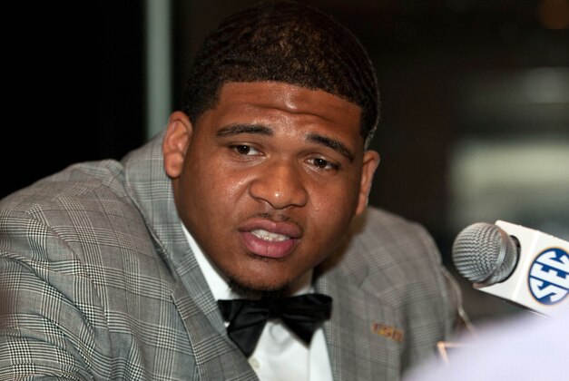 Jul 16, 2014; Hoover, AL, USA; LSU Tigers tackle La'el Collins talks to the media during the SEC Football Media Days at the Wynfrey Hotel. Mandatory Credit: Marvin Gentry-USA TODAY Sports