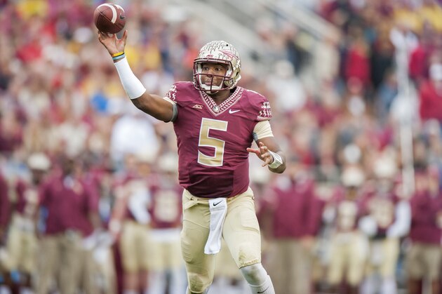 TALLAHASSEE, FL - NOVEMBER 22: Quarterback Jameis Winston #5 of the Florida State Seminoles makes a pass against the Boston College Eagles during the first half at Doak Campbell Stadium on November 22, 2014 in Tallahassee, Florida. (Photo by Jeff Gammons/Getty Images)