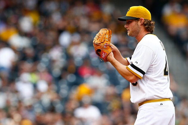 PITTSBURGH, PA - APRIL 19:  Gerrit Cole #45 of the Pittsburgh Pirates pitches against the Milwaukee Brewers during the game at PNC Park on April 19, 2015 in Pittsburgh, Pennsylvania.  (Photo by Jared Wickerham/Getty Images)