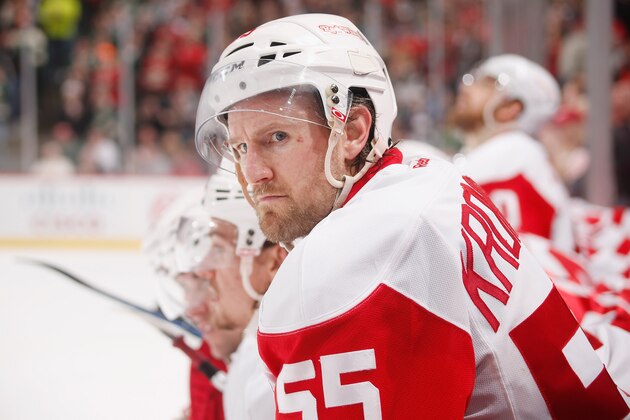 ST. PAUL, MN - APRIL 4: Niklas Kronwall #55 of the Detroit Red Wings watches the overtime shootout from the bench against the Minnesota Wild at the Xcel Energy Center on April 4, 2015  in St. Paul, Minnesota. (Photo by Bruce Kluckhohn/NHLI via Getty Images)