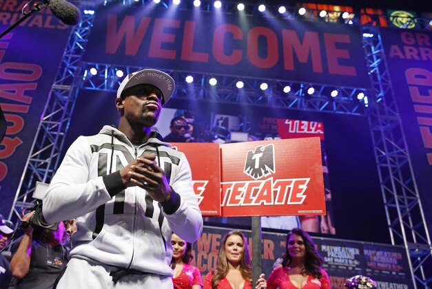 Boxer Floyd Mayweather Jr. speaks during an arrival ceremony Tuesday, April 28, 2015, in Las Vegas. Mayweather will face Manny Pacquiao in a welterweight boxing match in Las Vegas on May 2. (AP Photo/John Locher)