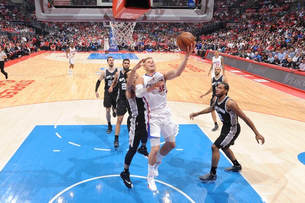 LOS ANGELES, CA - APRIL 28:  Blake Griffin #32 of the Los Angeles Clippers goes to the basket against the San Antonio Spurs in Game Five of the Western Conference Quarterfinals during the 2015 NBA Playoffs on April 28, 2015 at Staples Center in Los Angeles, California. NOTE TO USER: User expressly acknowledges and agrees that, by downloading and or using this Photograph, user is consenting to the terms and conditions of the Getty Images License Agreement. Mandatory Copyright Notice: Copyright 2015 NBAE (Photo by Andrew D. Bernstein/NBAE via Getty Images)