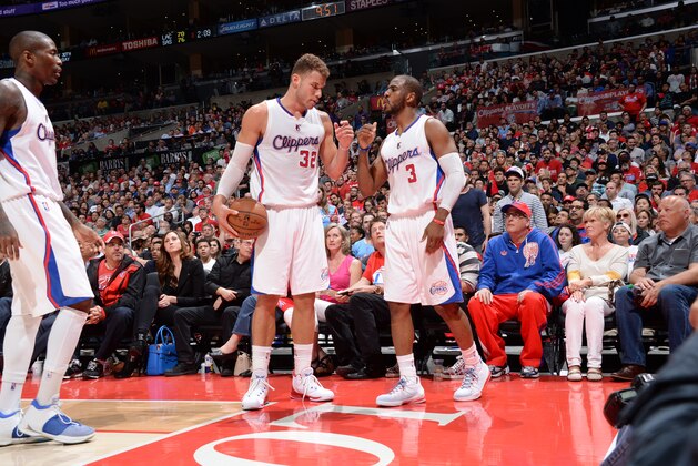 LOS ANGELES, CA - APRIL 28:  Blake Griffin #32 of the Los Angeles Clippers celebrates a play with teammate Chris Paul #3 against the San Antonio Spurs in Game Five of the Western Conference Quarterfinals during the 2015 NBA Playoffs on April 28, 2015 at Staples Center in Los Angeles, California. NOTE TO USER: User expressly acknowledges and agrees that, by downloading and or using this Photograph, user is consenting to the terms and conditions of the Getty Images License Agreement. Mandatory Copyright Notice: Copyright 2015 NBAE (Photo by Andrew D. Bernstein/NBAE via Getty Images)