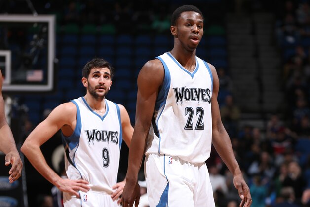 MINNEAPOLIS, MN -  FEBRUARY 9: Andrew Wiggins #22 and Ricky Rubio #9 of the Minnesota Timberwolves during the game against Atlanta Hawks on February 9, 2015 at Target Center in Minneapolis, Minnesota. NOTE TO USER: User expressly acknowledges and agrees that, by downloading and or using this Photograph, user is consenting to the terms and conditions of the Getty Images License Agreement. Mandatory Copyright Notice: Copyright 2015 NBAE (Photo by David Sherman/NBAE via Getty Images)