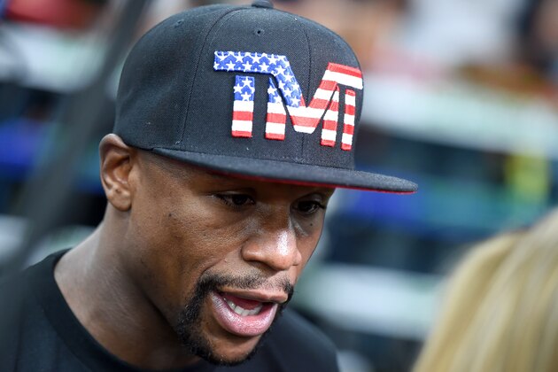 LAS VEGAS, NV - APRIL 14:  WBC/WBA welterweight champion Floyd Mayweather Jr. is interviewed before working out at the Mayweather Boxing Club on April 14, 2015 in Las Vegas, Nevada. Mayweather will face WBO welterweight champion Manny Pacquiao in a unification bout on May 2, 2015 in Las Vegas.  (Photo by Ethan Miller/Getty Images)