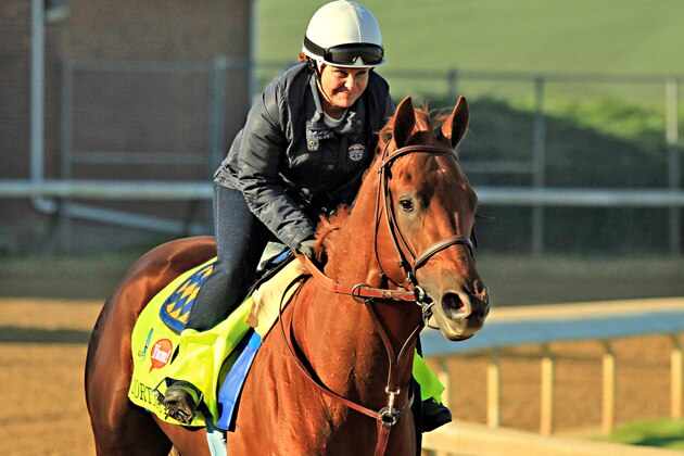 Kentucky Derby hopeful Dortmund, ridden by exercise rider Dana Barnes, gallops in a morning workout at Churchill Downs in Louisville, Ky., Tuesday, April 28, 2015.  (AP Photo/Garry Jones)