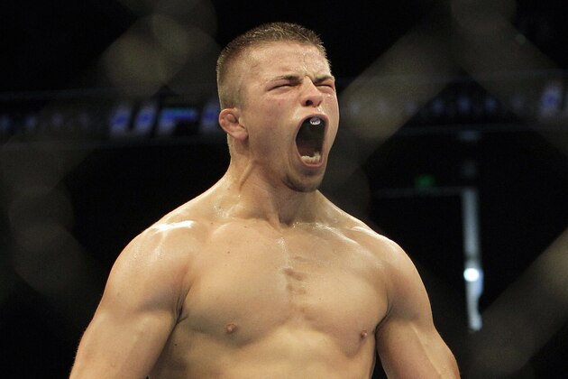 Rick Story reacts during a UFC mixed martial arts match against Dustin Hazelett in Oakland, California, Saturday, August 7, 2010. Story won by TKO in the second round. (AP Photo/Jeff Chiu)