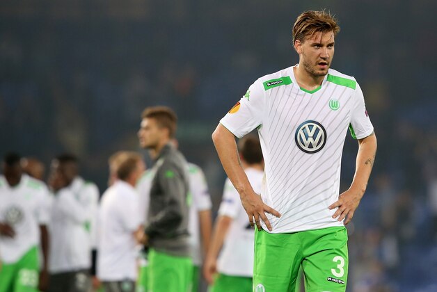 LIVERPOOL, ENGLAND - SEPTEMBER 18: Nicklas Bendtner of VfL Wolfsburg looks on at the final whistle during the UEFA Europa League match between Everton FC and VfL Wolfsburg on September 18, 2014 in Liverpool, United Kingdom. (Photo by Jan Kruger/Getty Images)