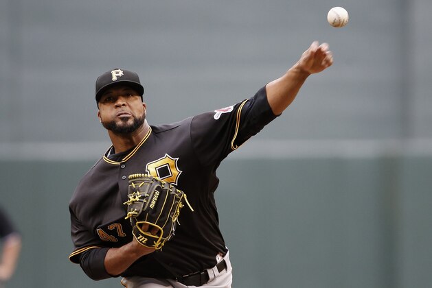 Pittsburgh Pirates' Francisco Liriano warms up during the first inning of a baseball game against the Arizona Diamondbacks Sunday, April 26, 2015, in Phoenix. (AP Photo/Ross D. Franklin)
