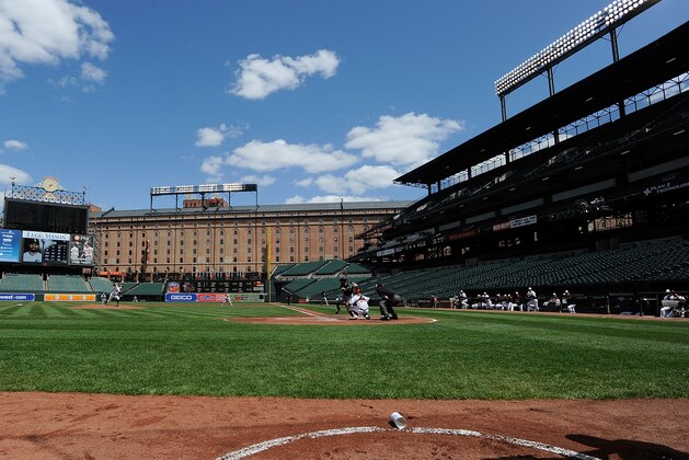 BALTIMORE, MD - APRIL 29:  Ubaldo Jimenez #31 of the Baltimore Orioles pitches to Adam Eaton #1 of the Chicago White Sox in the first inning at Oriole Park at Camden Yards on April 29, 2015 in Baltimore, Maryland. The game was played without spectators due to the social unrest in Baltimore.  (Photo by Greg Fiume/Getty Images)