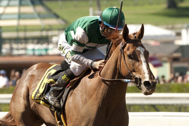 In this photo provided by Benoit Photo, Hronis Racing's Stellar Wind and jockey Victor Espinoza win the Grade I $400,000 Santa Anita Oaks horse race, Saturday, April 4, 2015, at Santa Anita Park, in Arcadia, Calif. (AP Photo/Benoit Photo)