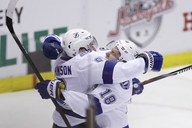Tampa Bay Lightning center Tyler Johnson (9) and left wing Ondrej Palat (18) celebrate Johnson's goal during the second period of Game 6 of a first-round NHL Stanley Cup hockey playoff series against the Detroit Red Wings, Monday, April 27, 2015 in Detroit. (AP Photo/Carlos Osorio)