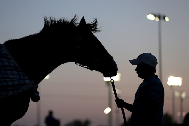 Stable worker Marcelo Mehia holds a horse after a morning workout at Churchill Downs Wednesday, April 29, 2015, in Louisville, Ky. (AP Photo/Charlie Riedel)