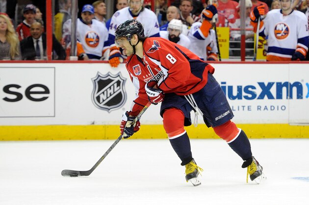 WASHINGTON, DC - APRIL 17:  Alex Ovechkin #8 of the Washington Capitals handles the puck in the first period against the New York Islanders during Game Two of the Eastern Conference Quarterfinals during the 2015 NHL Stanley Cup Playoffs at Verizon Center on April 17, 2015 in Washington, DC.  (Photo by Greg Fiume/Getty Images)