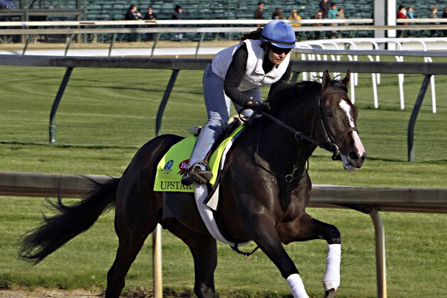 Kentucky Derby hopeful Upstart, ridden by exercise rider Vicki King, gallops at Churchill Downs in Louisville, Ky., Wednesday, April 29, 2015.  (AP Photo/Garry Jones)