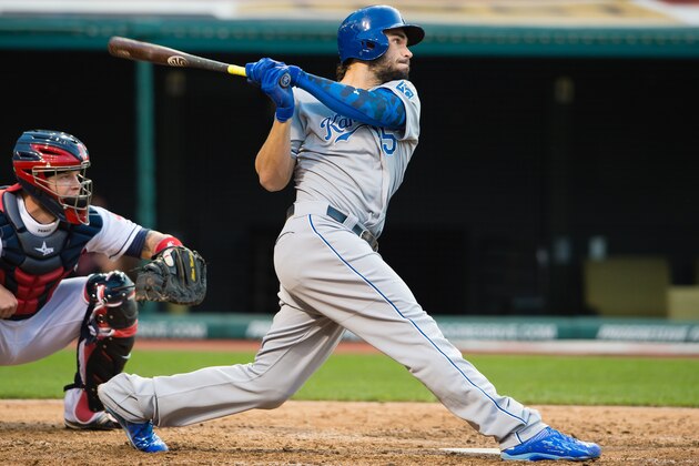 CLEVELAND, OH -  APRIL 29: Eric Hosmer #35 of the Kansas City Royals hits a two-run home run in the sixth inning against the Cleveland Indians at Progressive Field on April 29, 2015 in Cleveland, Ohio.  (Photo by Jason Miller/Getty Images)