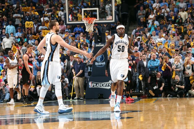 MEMPHIS, TN - APRIL 29: Marc Gasol #33 and Zach Randolph #50 of the Memphis Grizzlies celebrate during a game against the Portland Trail Blazers in Game Five of the Western Conference Quarterfinals of the NBA Playoffs at FedExForum on April 29, 2015 in Memphis, Tennessee. NOTE TO USER: User expressly acknowledges and agrees that, by downloading and or using this photograph, User is consenting to the terms and conditions of the Getty Images License Agreement. Mandatory Copyright Notice: Copyright 2015 NBAE (Photo by Joe Murphy/NBAE via Getty Images)