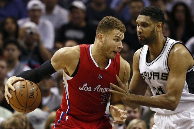 Apr 24, 2015; San Antonio, TX, USA; Los Angeles Clippers power forward Blake Griffin (L) is defended by San Antonio Spurs power forward Tim Duncan (R) in game three of the first round of the NBA Playoffs at AT&T Center. Mandatory Credit: Soobum Im-USA TODAY Sports