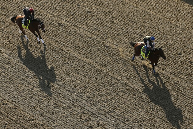 Kentucky Derby hopefuls American Pharoah, right, ridden by exercise rider Jorge Alvarez, and Itsaknockout, ridden by Carlos Cano, workout on the track at Churchill Downs Wednesday, April 29, 2015, in Louisville, Ky. (AP Photo/Charlie Riedel)