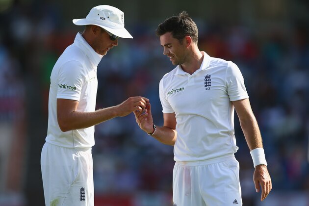 GRENADA, GRENADA - APRIL 24:  James Anderson (R) and Stuart Broad of England during day four of the 2nd Test match between West Indies and England at the National Cricket Stadium in St George's on April 24, 2015 in Grenada, Grenada.  (Photo by Michael Steele/Getty Images)