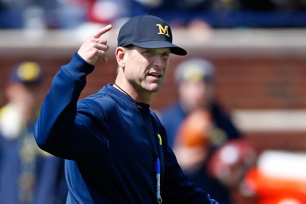 ANN ARBOR, MI - APRIL 04: Head coach Jim Harbaugh of the Michigan Wolverines looks on during the Michigan Football Spring Game on April 4, 2015 at Michigan Stadium in Ann Arbor, Michigan.  (Photo by Gregory Shamus/Getty Images)