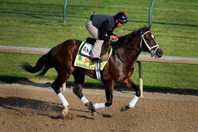 LOUISVILLE, KY - APRIL 29: Materiality goes over the track during morning training for the Kentucky Derby at Churchill Downs on April 29, 2015 in Louisville, Kentucky.  (Photo by Rob Carr/Getty Images)